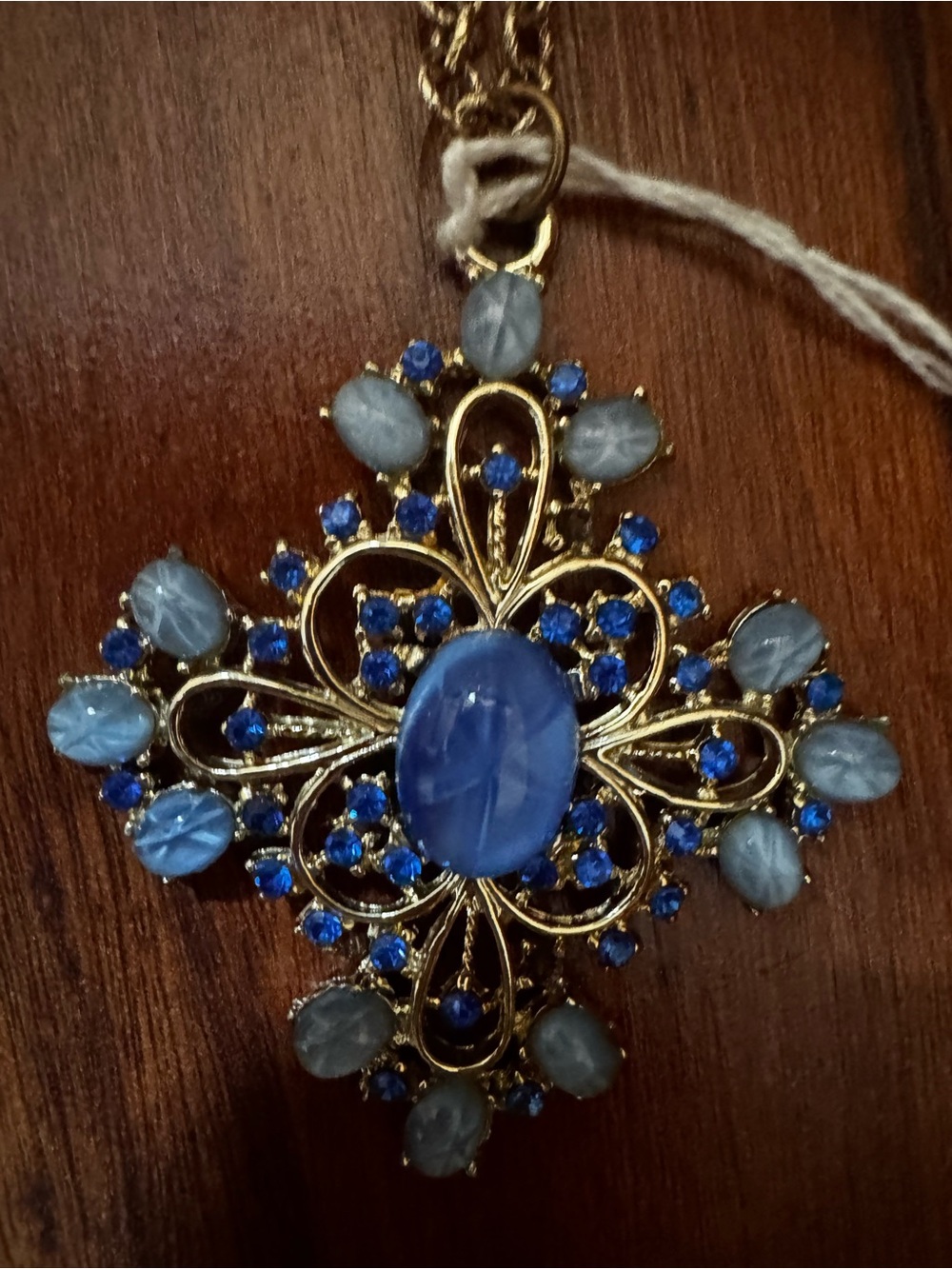 Vintage Gold Blue Multi-Stone Cross Pendant Necklace - Picture 3 of 4